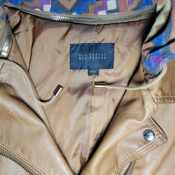 Blu Pepper Womens Brown Faux Leather Biker Jacket with Removable Hood Size Large - Picture 7 of 16